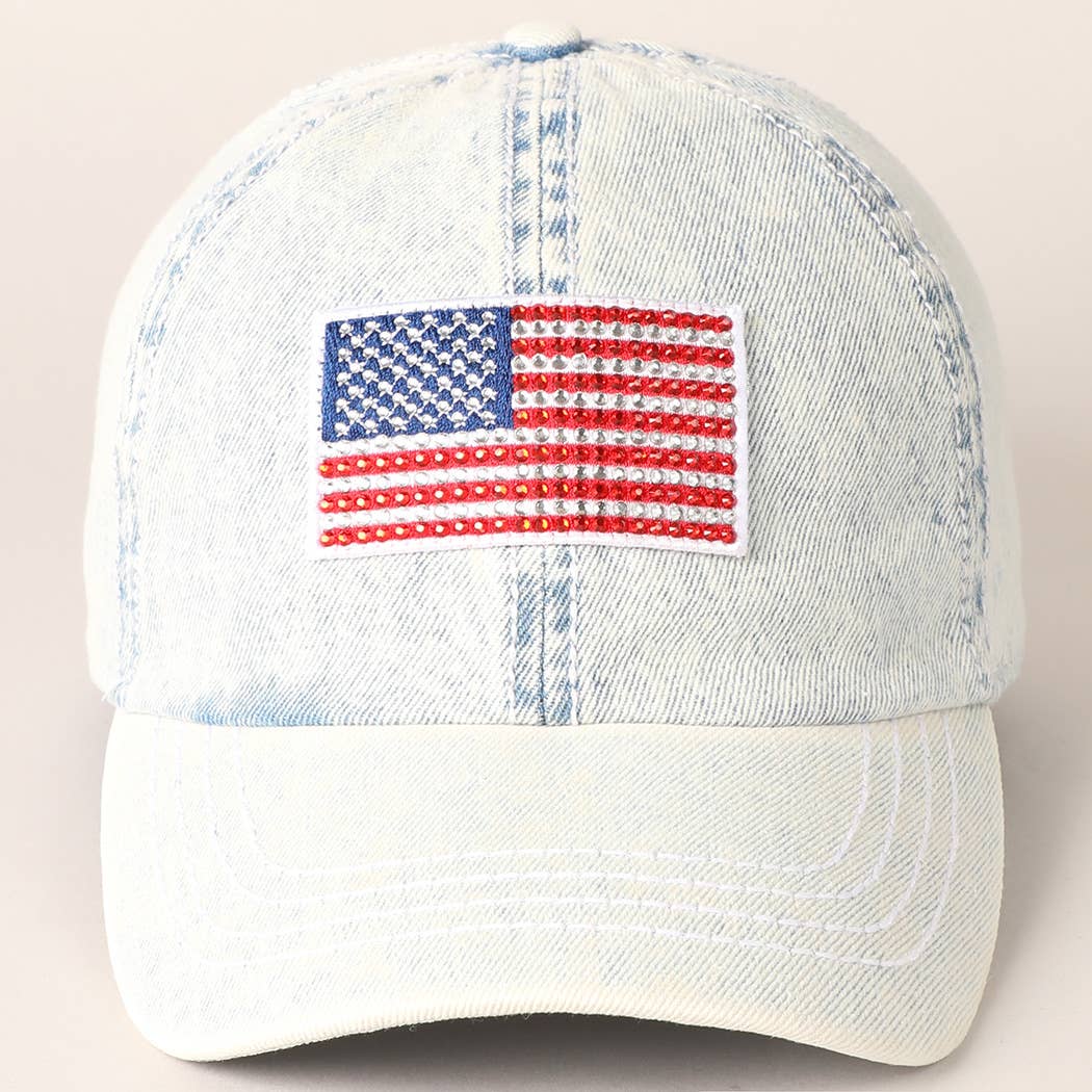 Rhinestone US Flag Patch Denim Baseball Cap