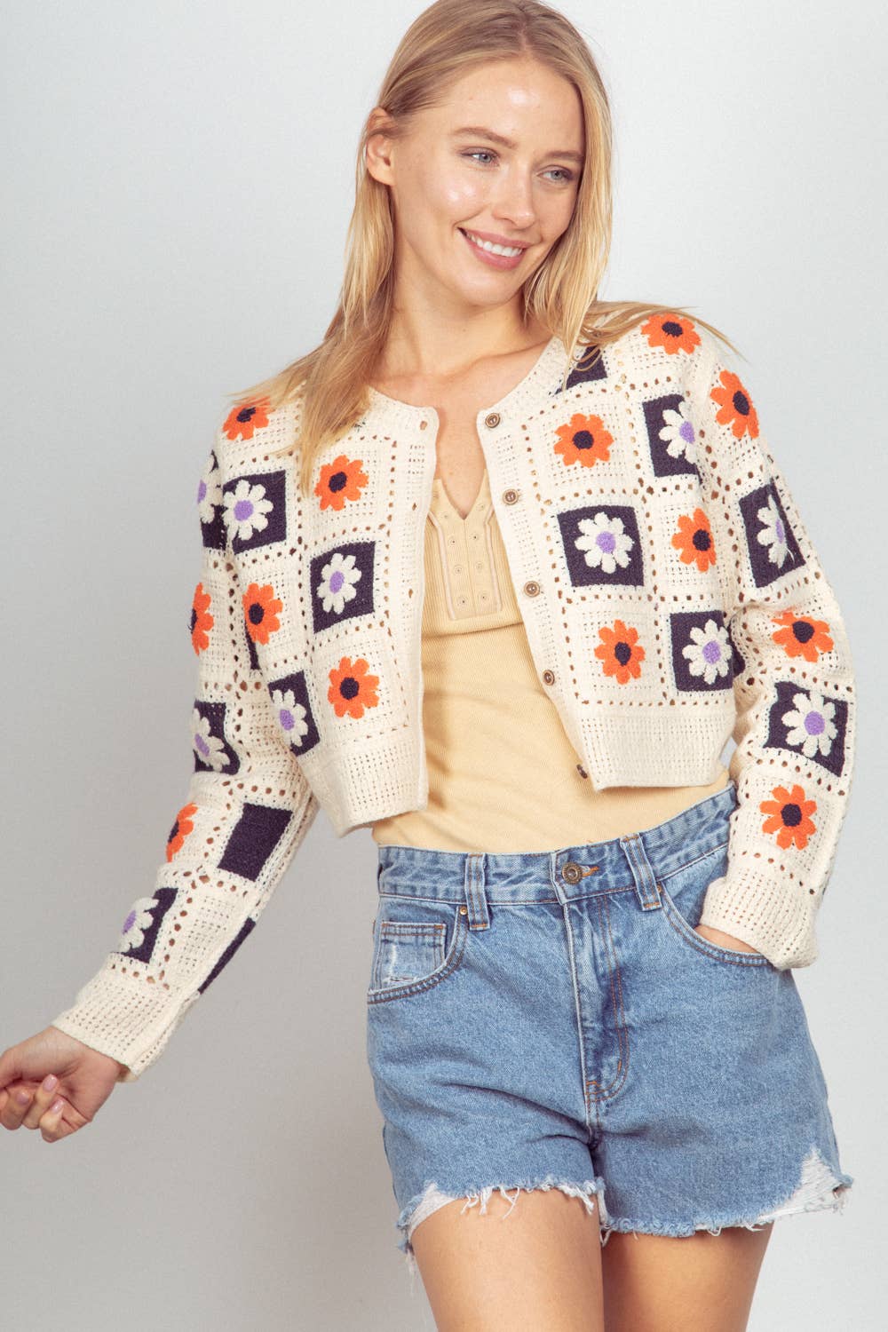 Multi-Color Floral Crochet Cropped Knit Cardigan