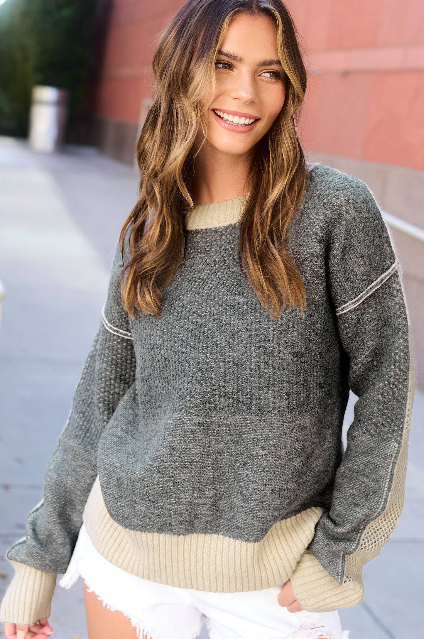 Lora Loose Fit Color Block Textured Sweater