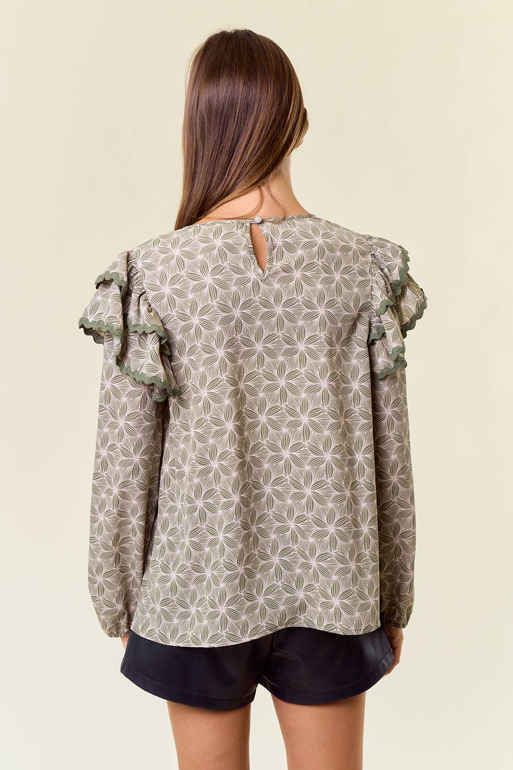 Geo Floral Lace Ruffle Long Sleeve Blouse