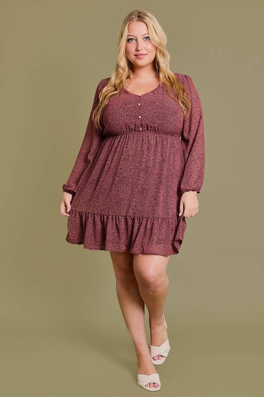 Corina Curvy 3/4 Sleeve V-neck Button Down Mini Dress