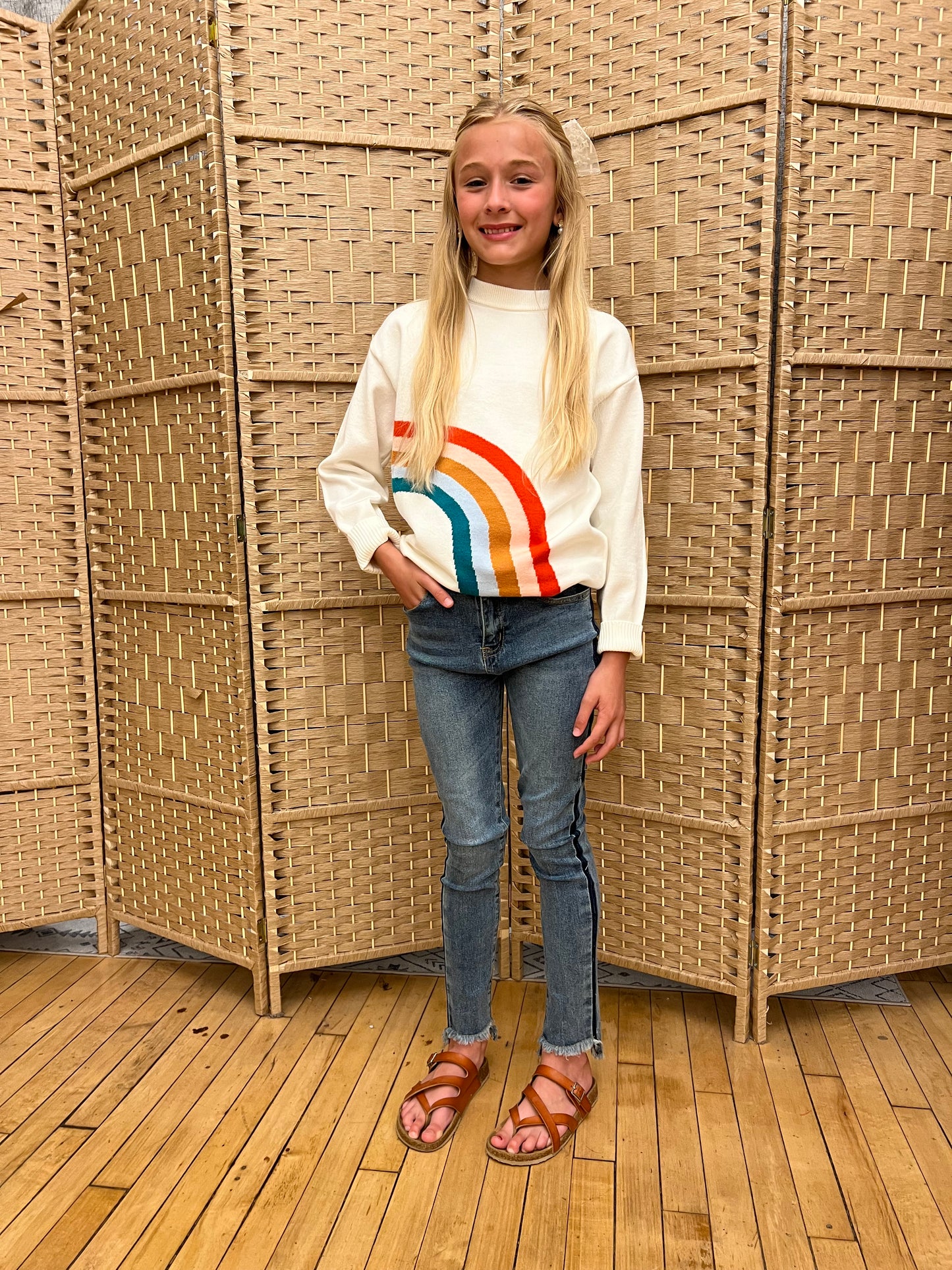 Girl's Cream Ivory Rainbow Crew Neck Fall Sweater