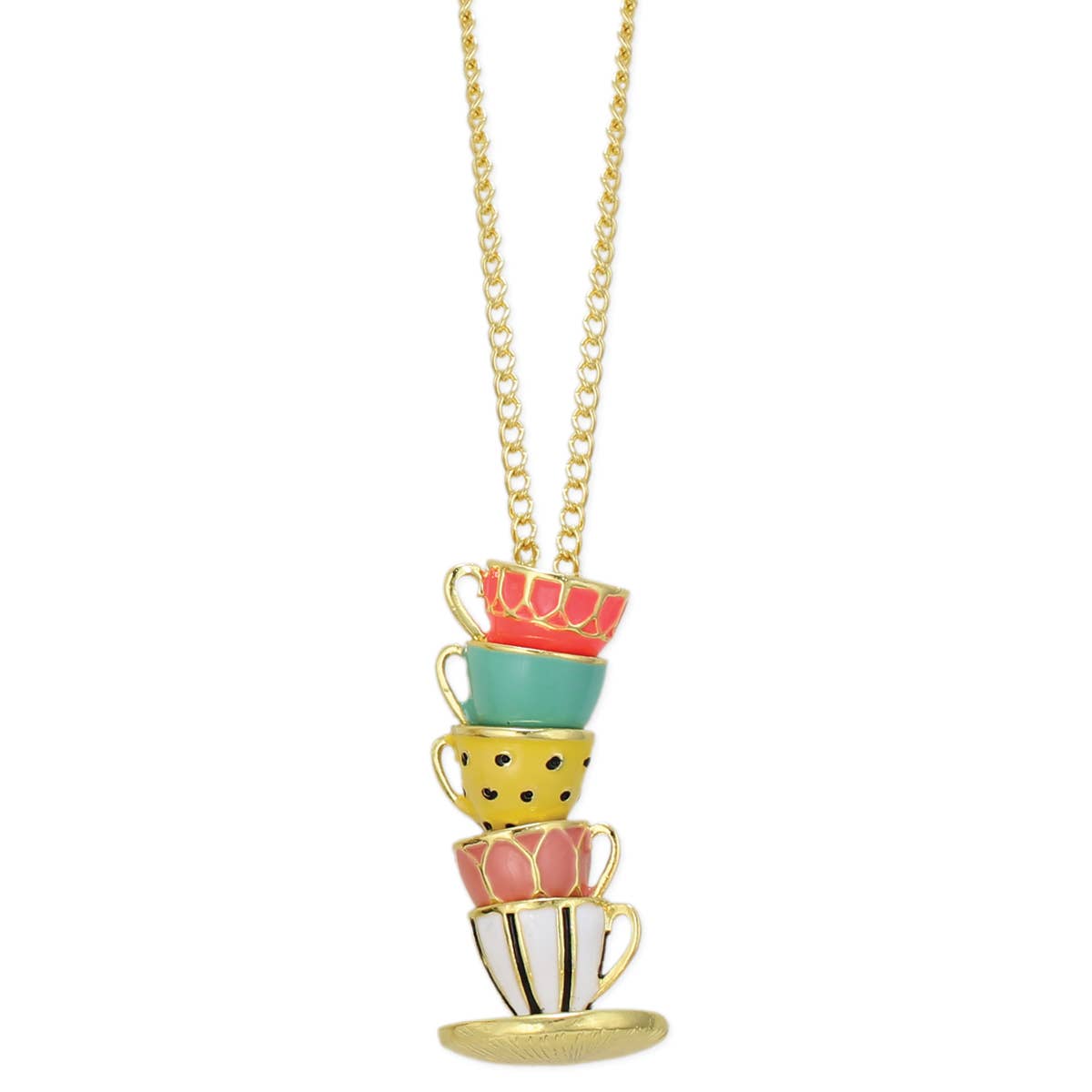 Mad Hatter Pastel Teacup Stack Gold Necklace