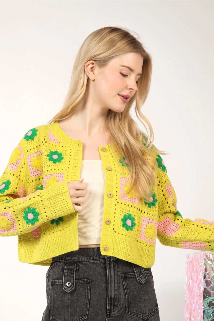 Multi-Color Floral Crochet Cropped Knit Cardigan