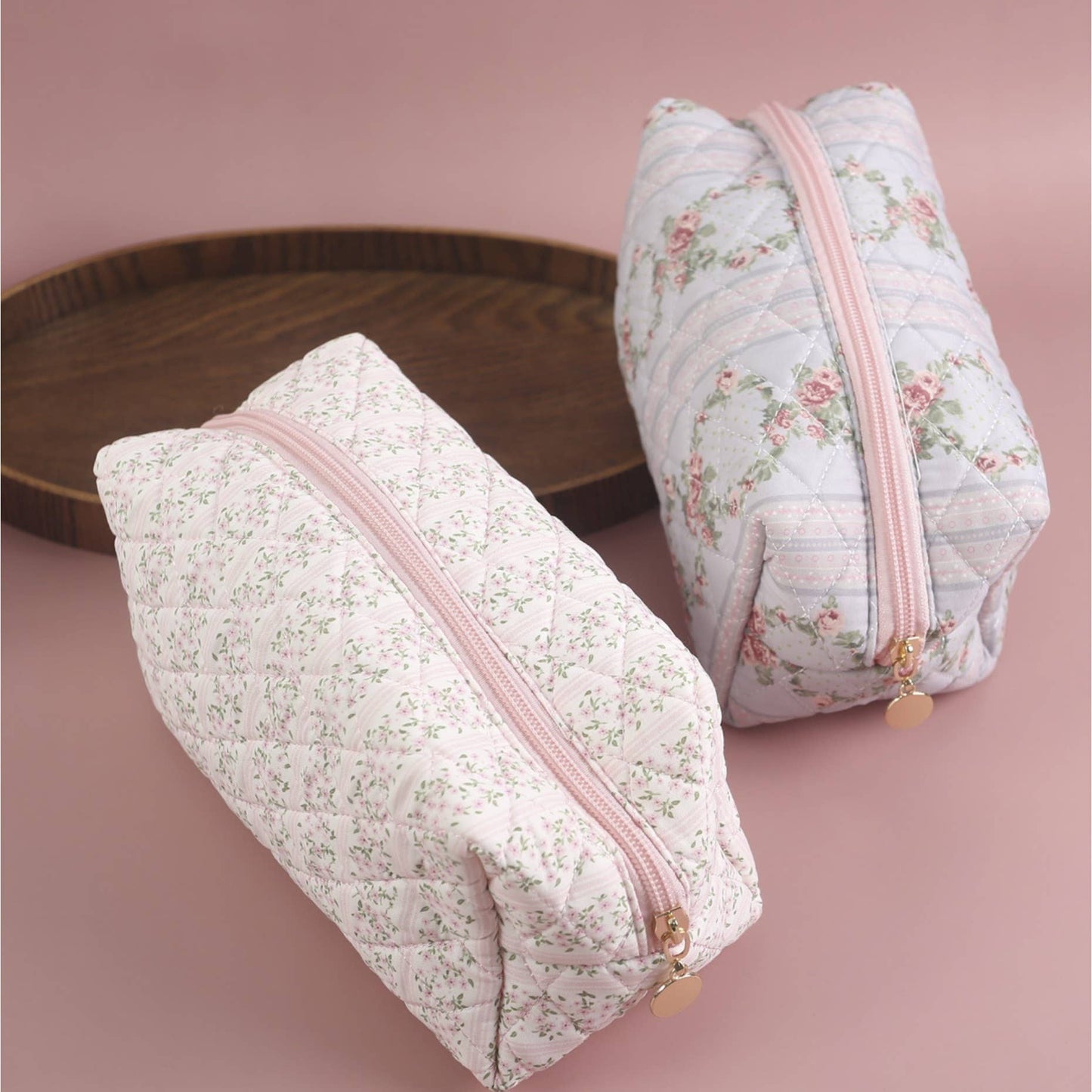 Quilted Floral Design Cosmetic Bag - Multiple Colors