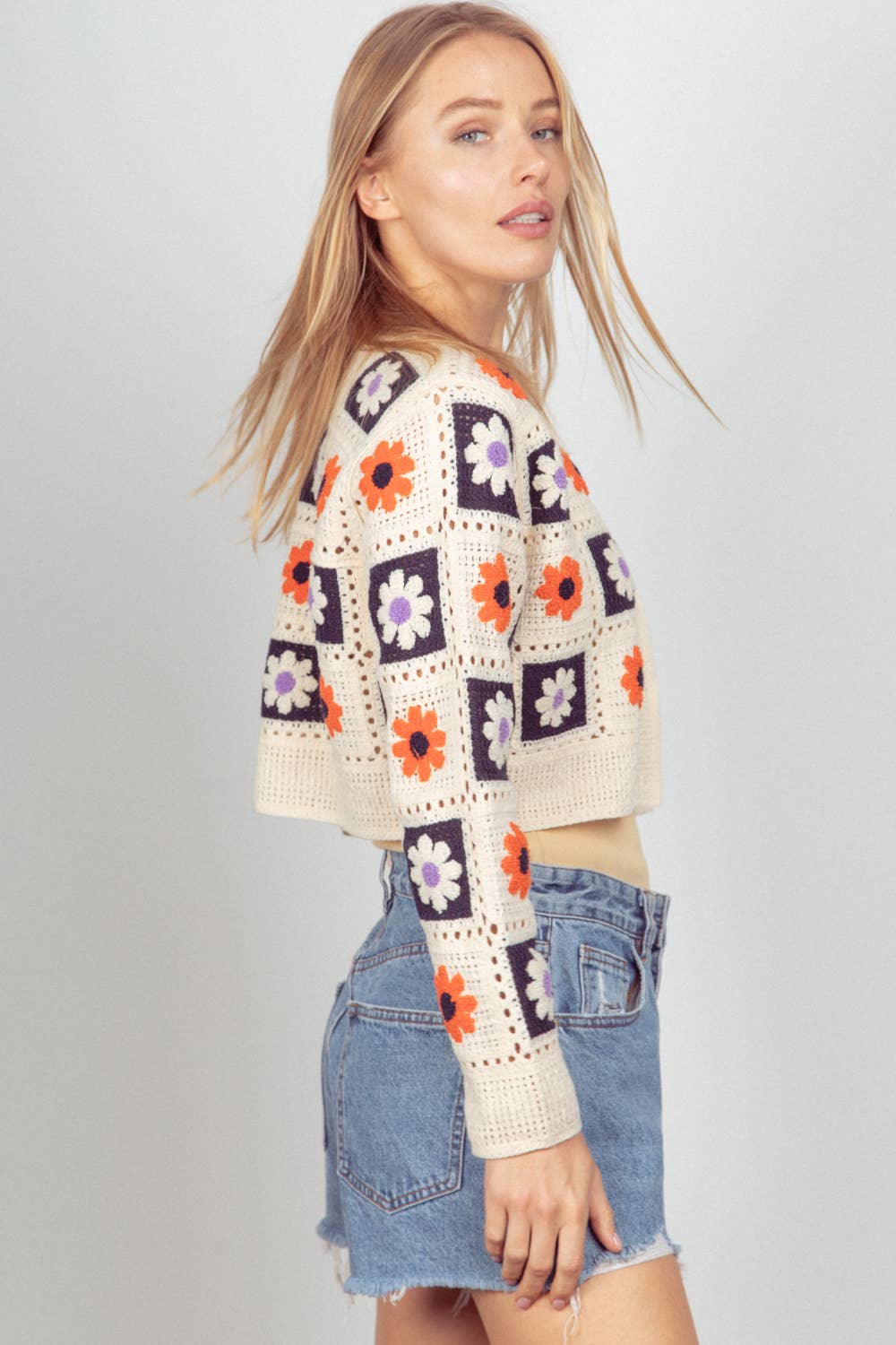 Multi-Color Floral Crochet Cropped Knit Cardigan