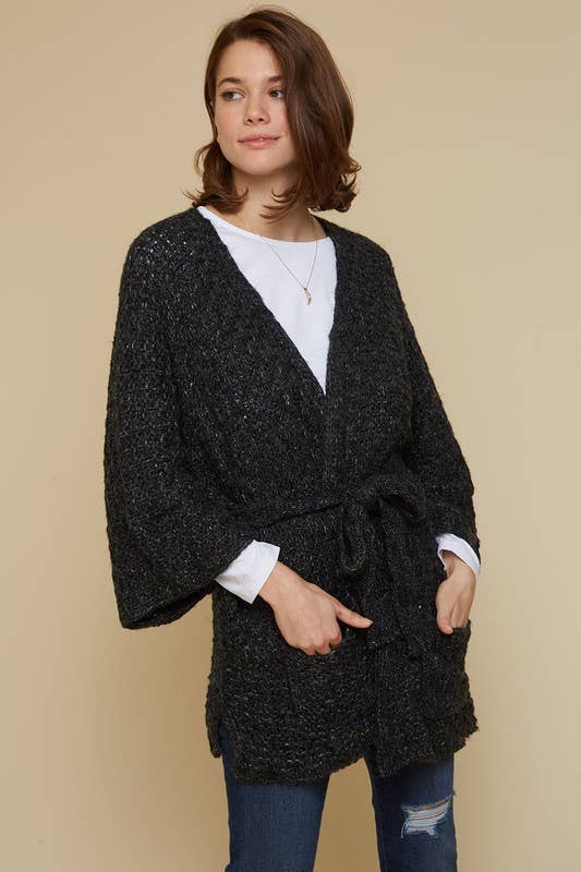 Bell Sleeve Cardigan With Waist Tie