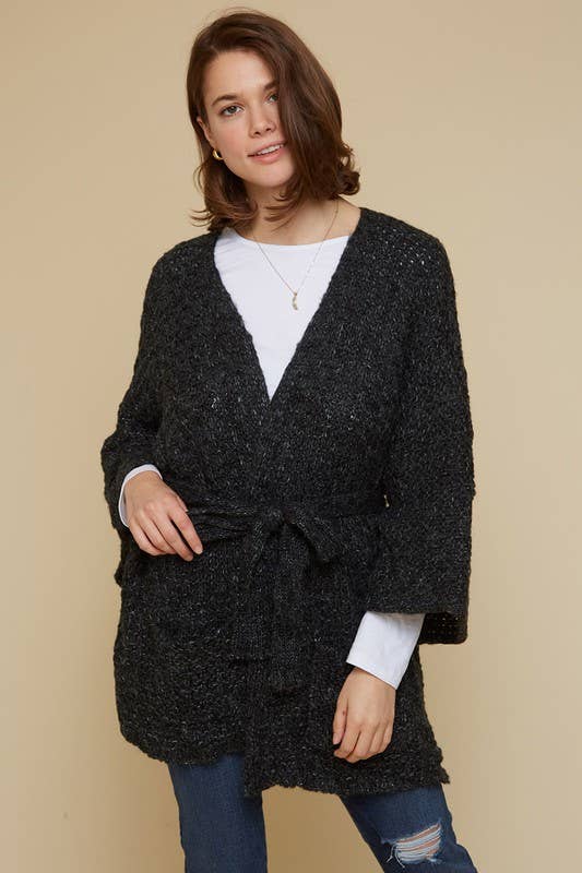 Bell Sleeve Cardigan With Waist Tie