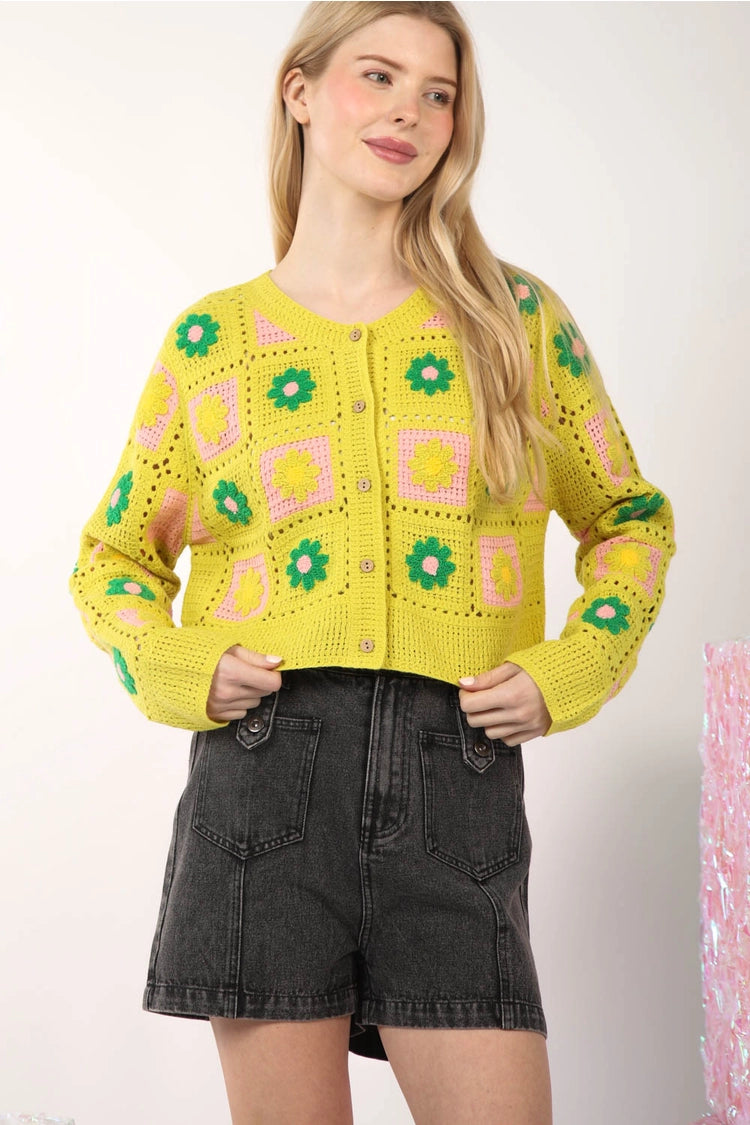 Multi-Color Floral Crochet Cropped Knit Cardigan