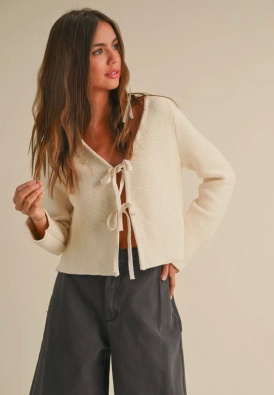 100% Cotton Cream Front Tie Cardigan