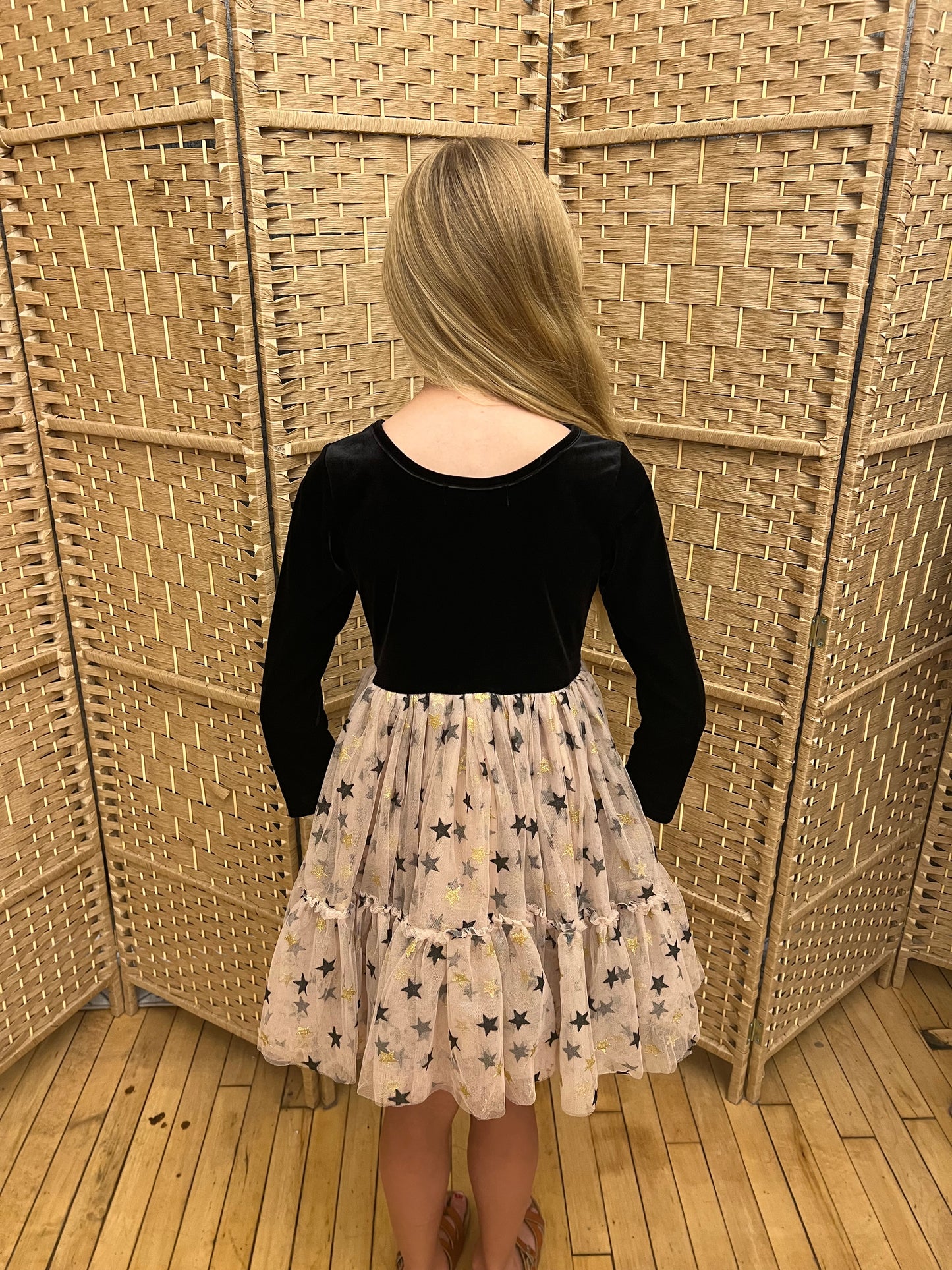 Girl's Black & Gold Star Velvet Holiday Sparkle Tulle Dress