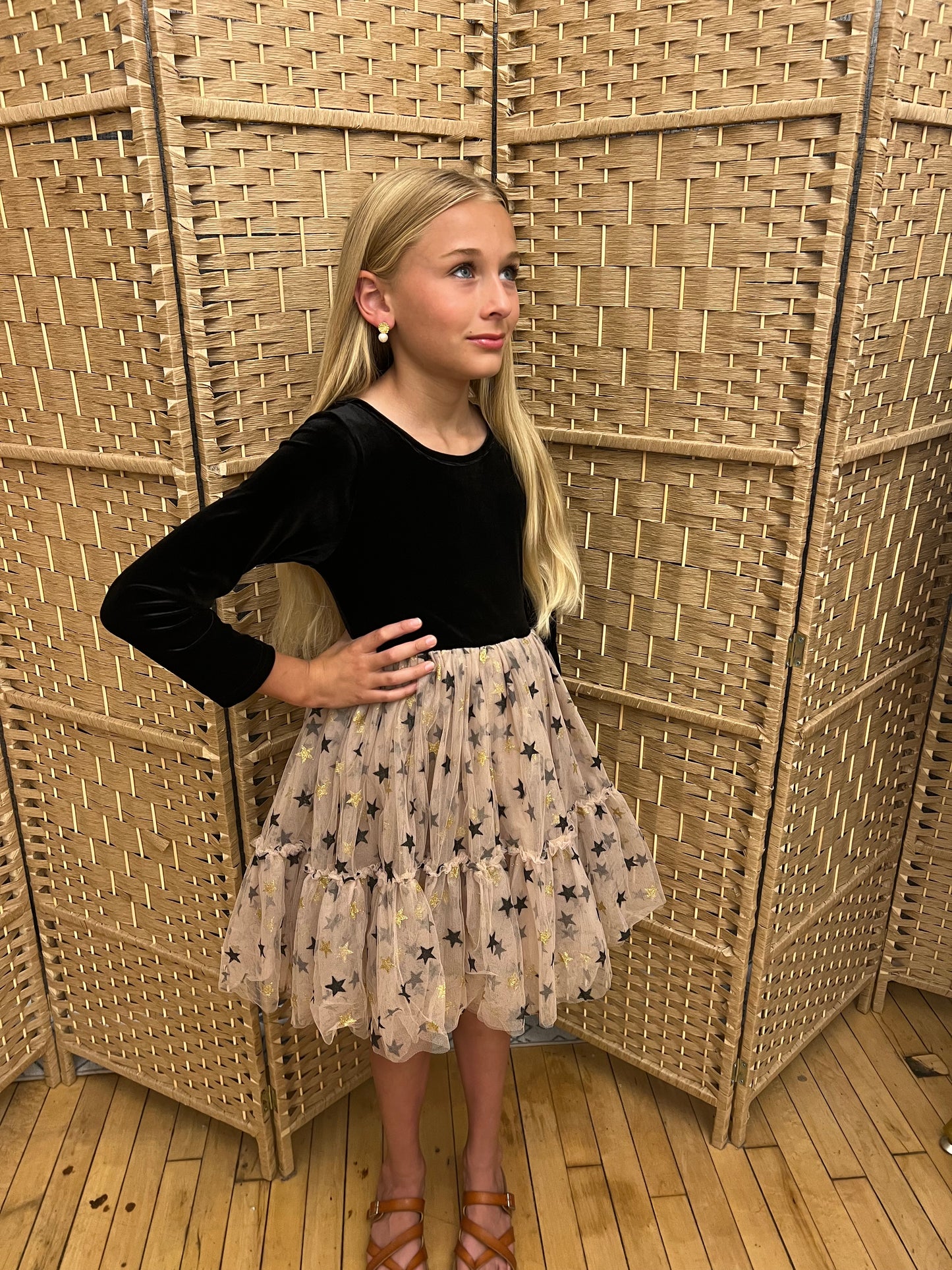 Girl's Black & Gold Star Velvet Holiday Sparkle Tulle Dress