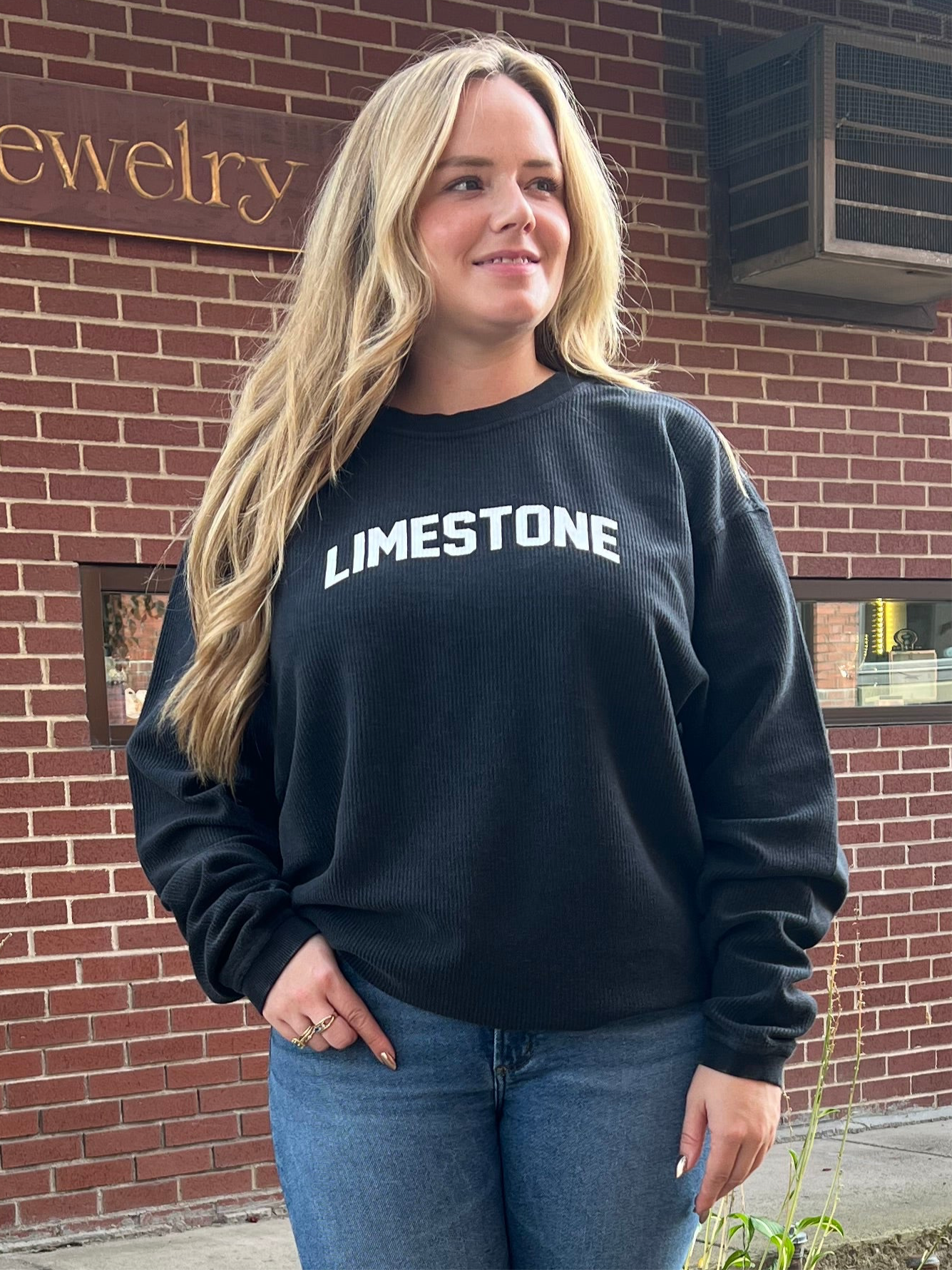 Limestone Washed Black Corded Crew