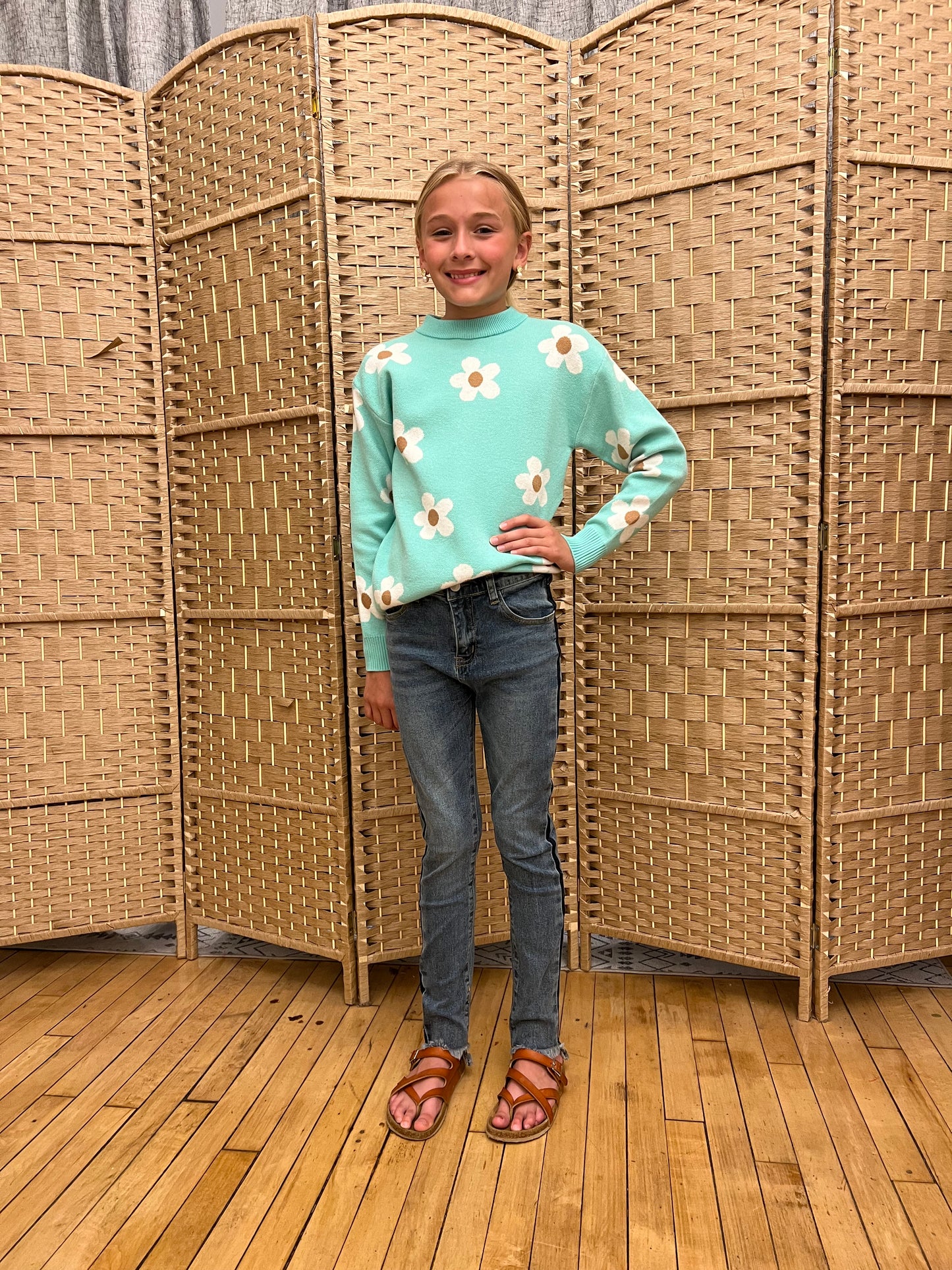 Girl's Mint Flower Crew Neck Sweater