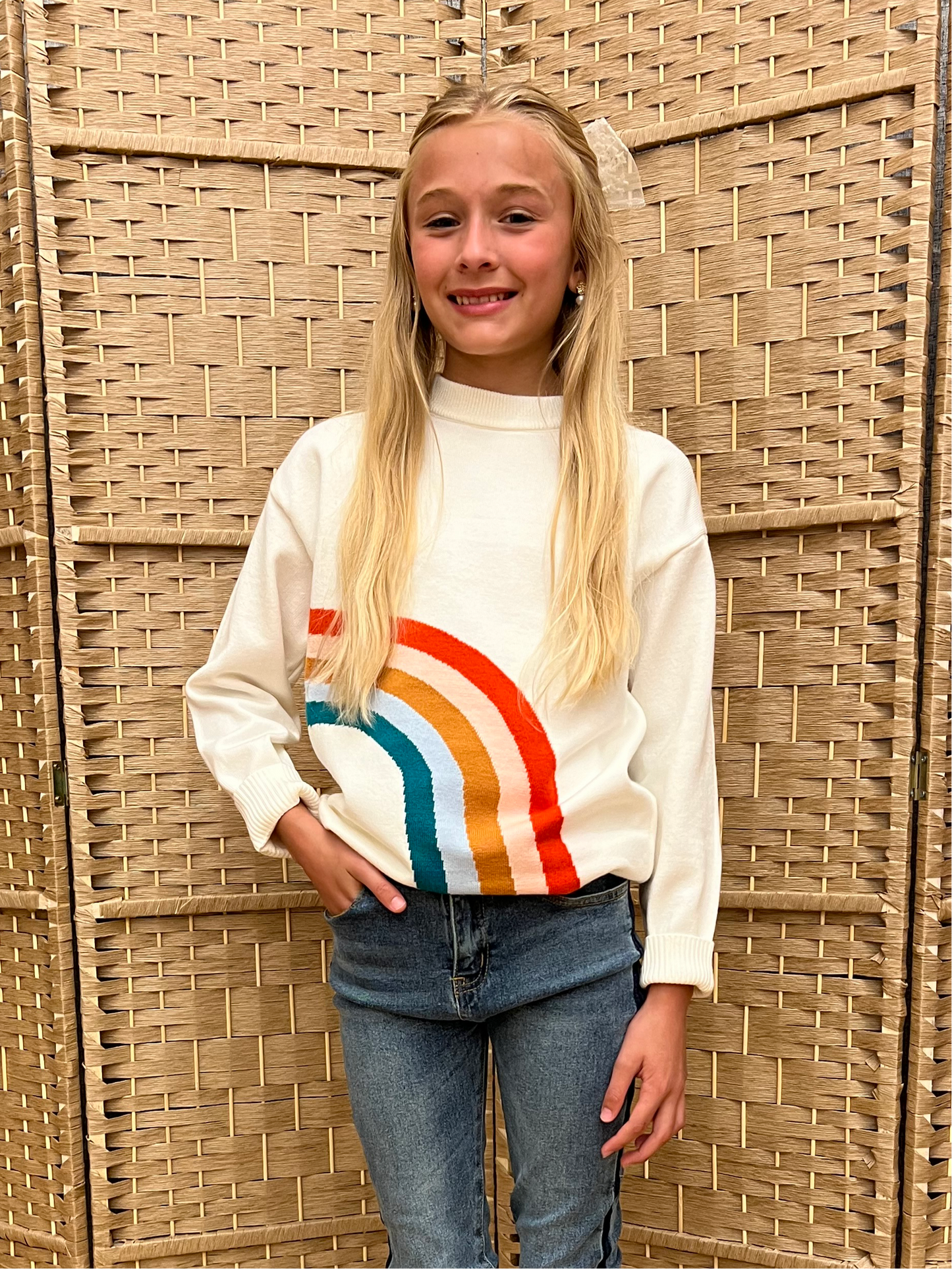 Girl's Cream Ivory Rainbow Crew Neck Fall Sweater