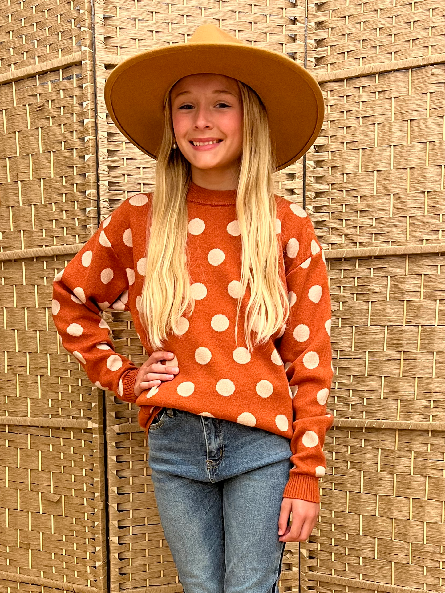 Girl's Rust & Beige Polka Dot Crew Neck Sweater