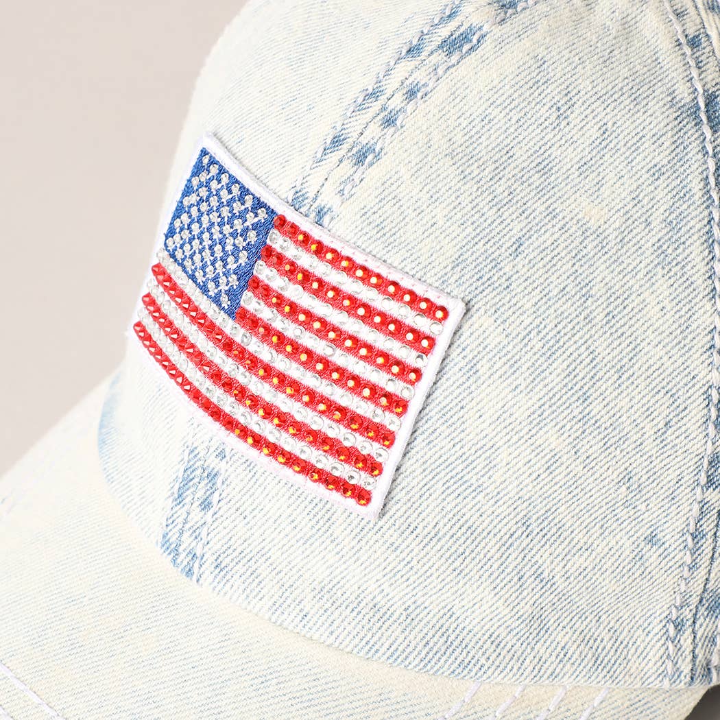 Rhinestone US Flag Patch Denim Baseball Cap