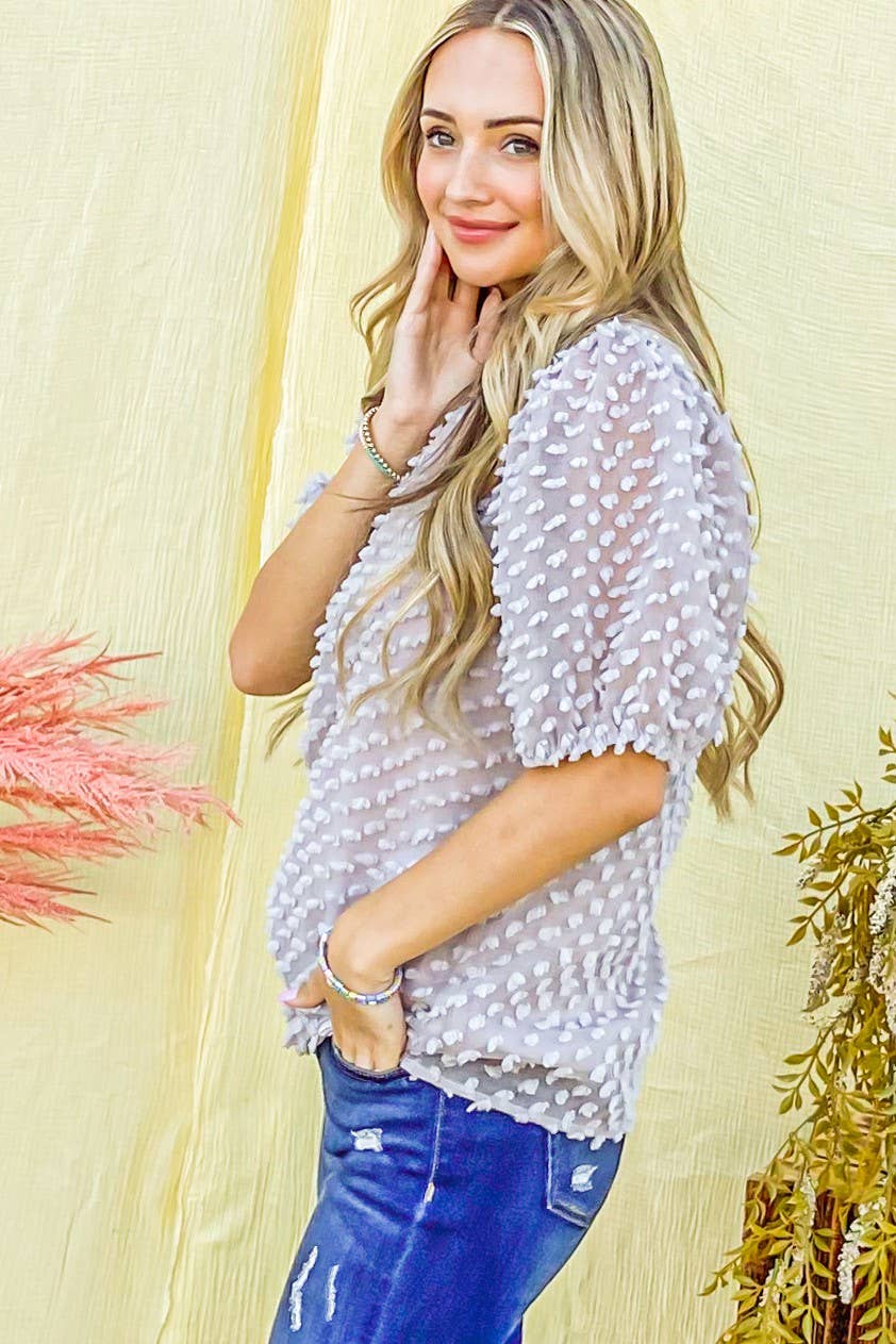 Fuzzy Polka Dot Puff Shoulder Woven Top