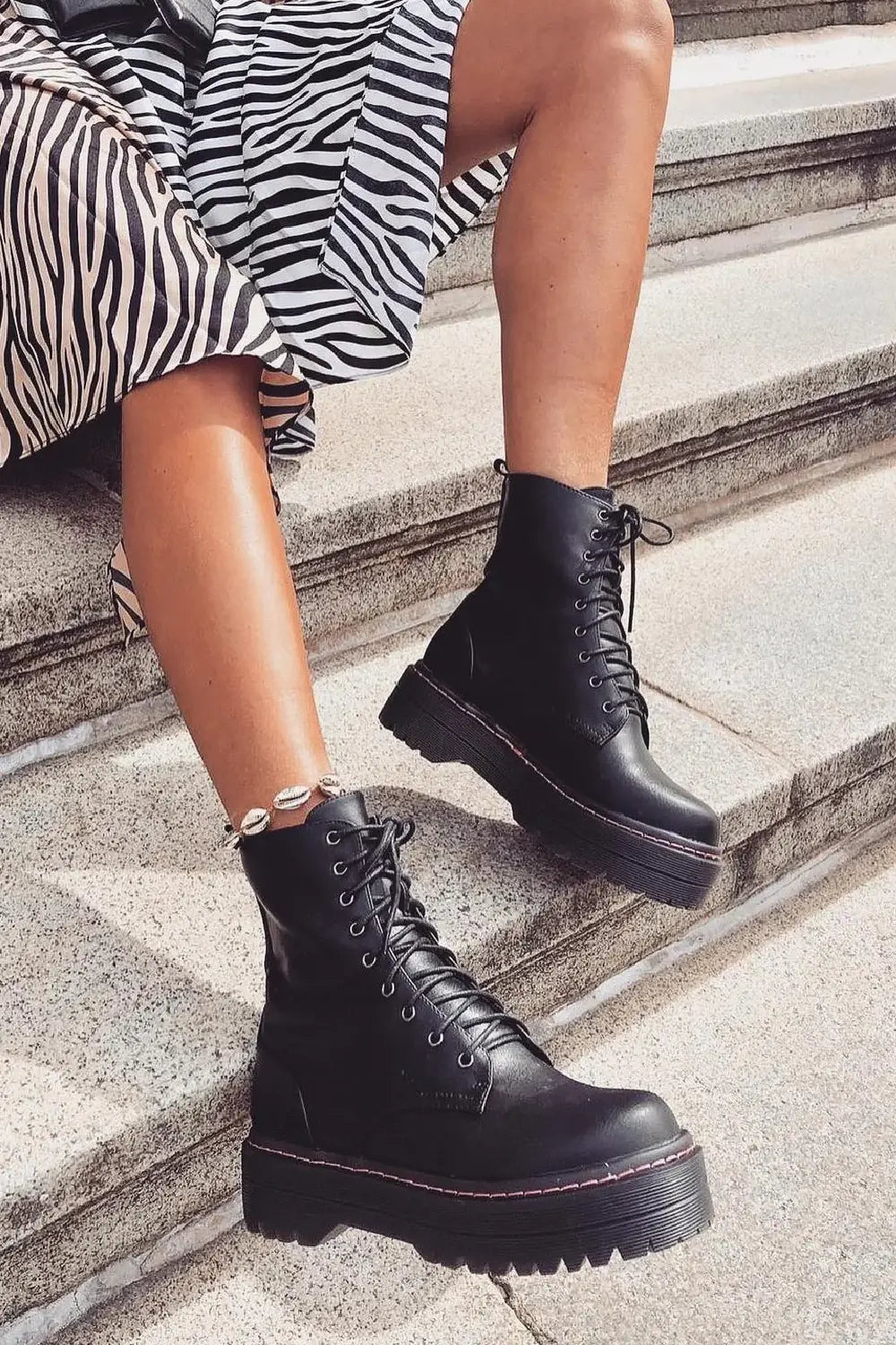 Frankie Black PU Contrast Stitch Chunky Ankle Boots