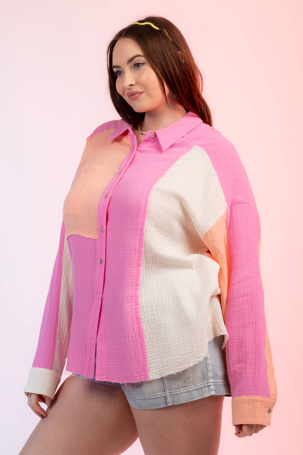 Curvy Color Blocked Button Down Shirt