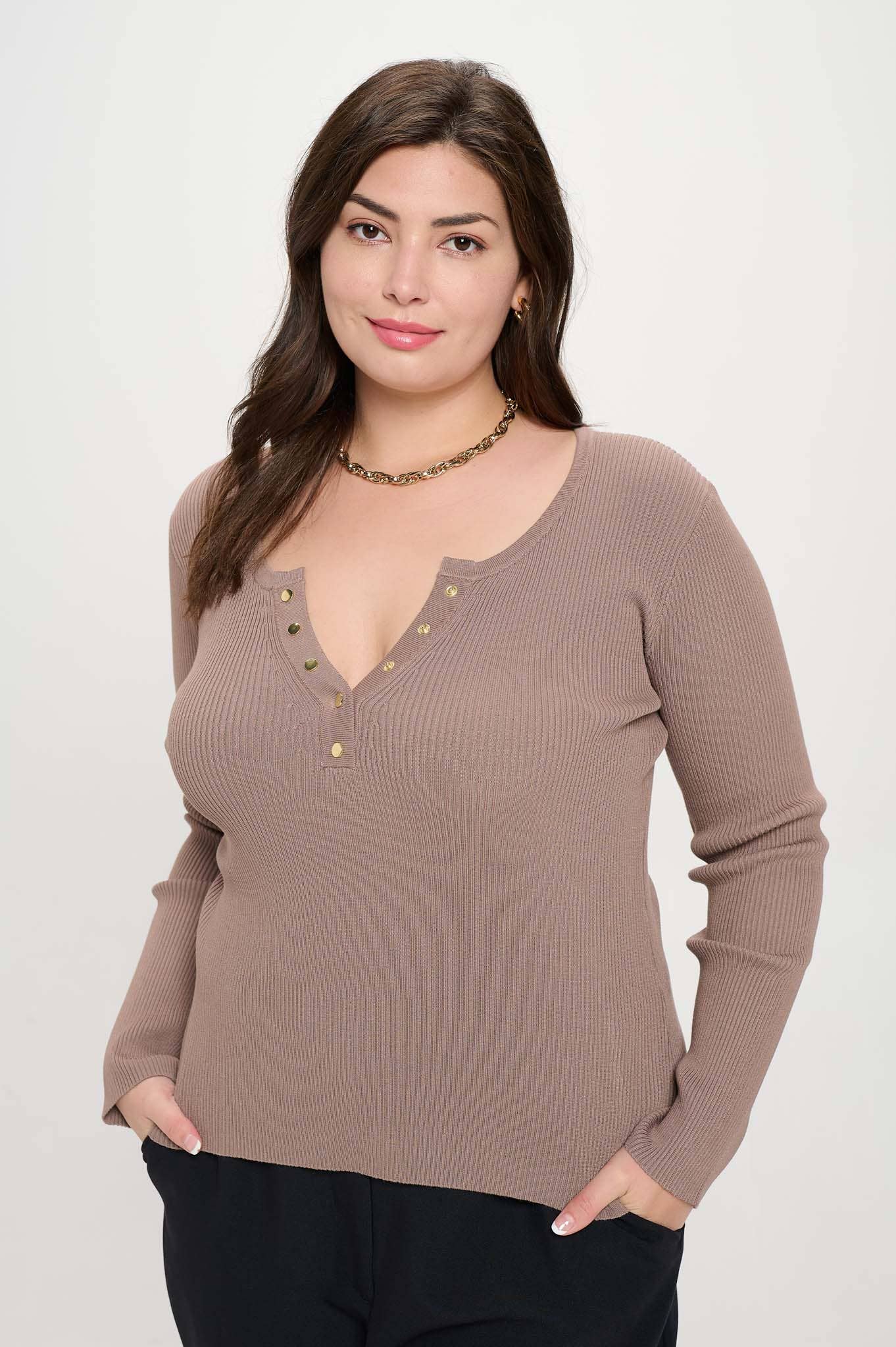 Curvy Vyla Long Sleeve Henley - Multiple Colors