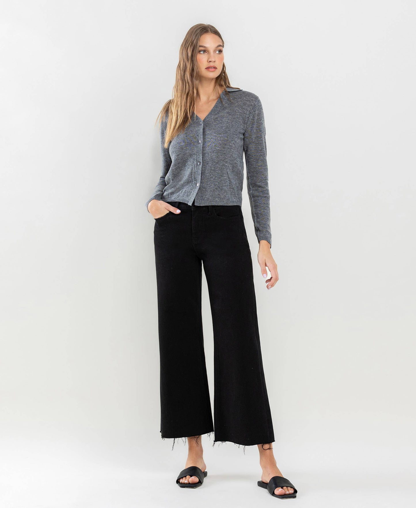 Banks High Rise Raw Hem Cropped Wide Leg Jeans