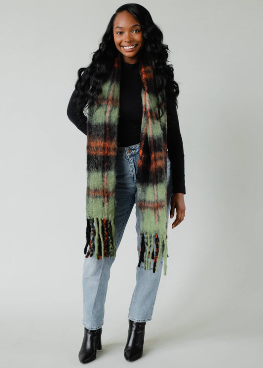 Green, Rust & Black Plaid Long Scarf with Fringe