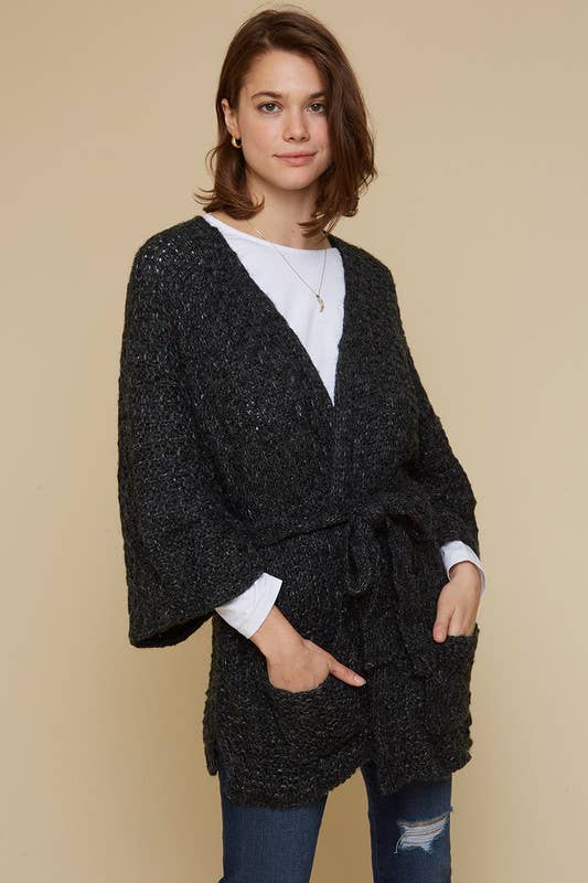 Bell Sleeve Cardigan With Waist Tie