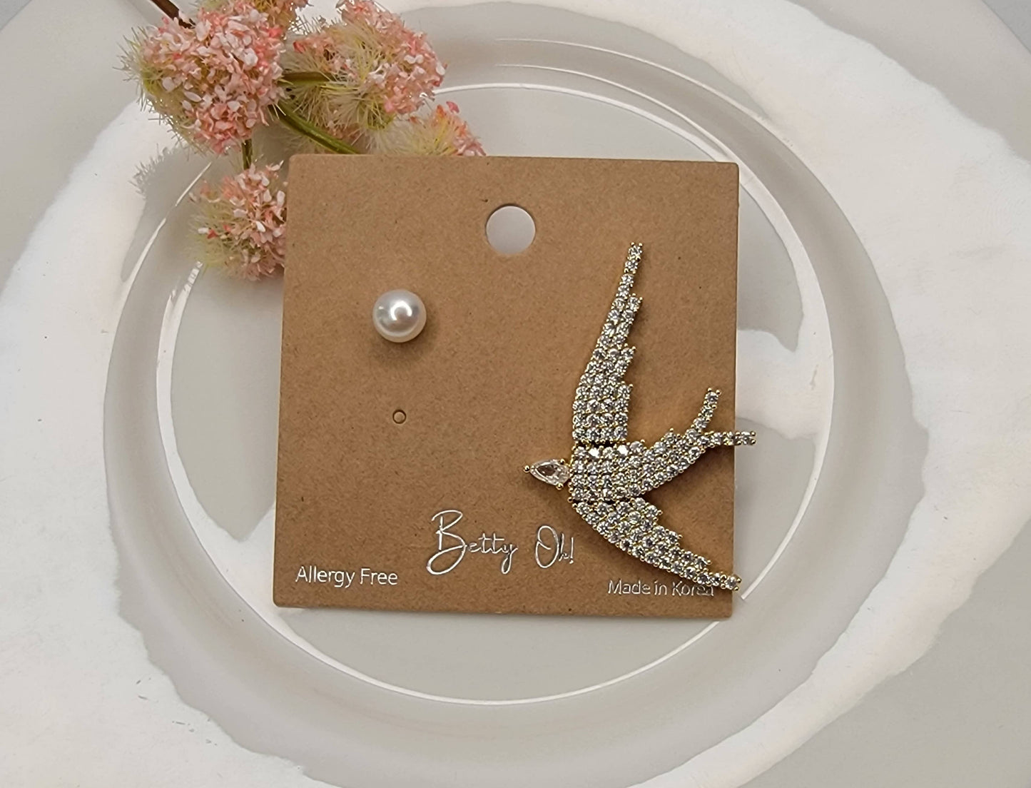 Unbalanced Bird + Pearl Earrings