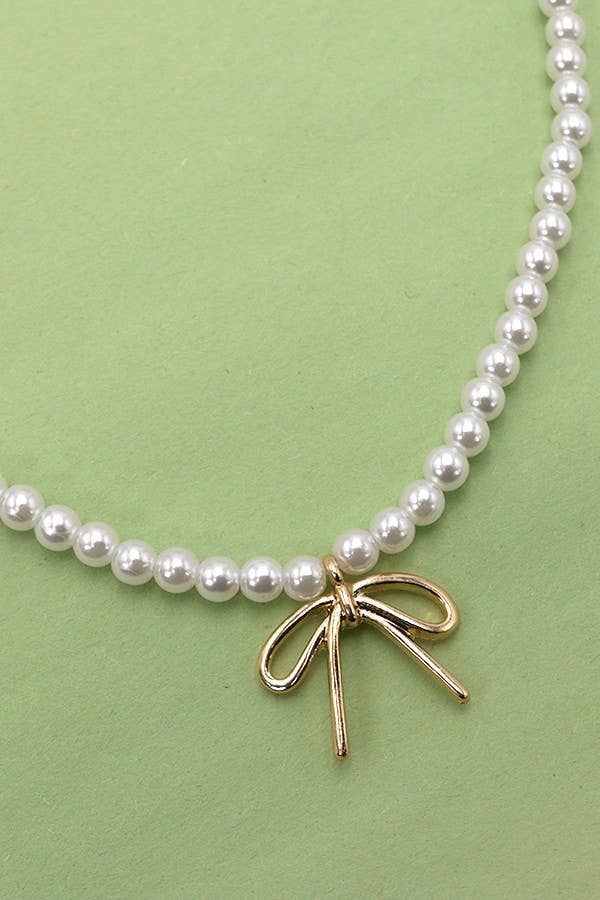 Pearl Chain Bow Charm Necklace