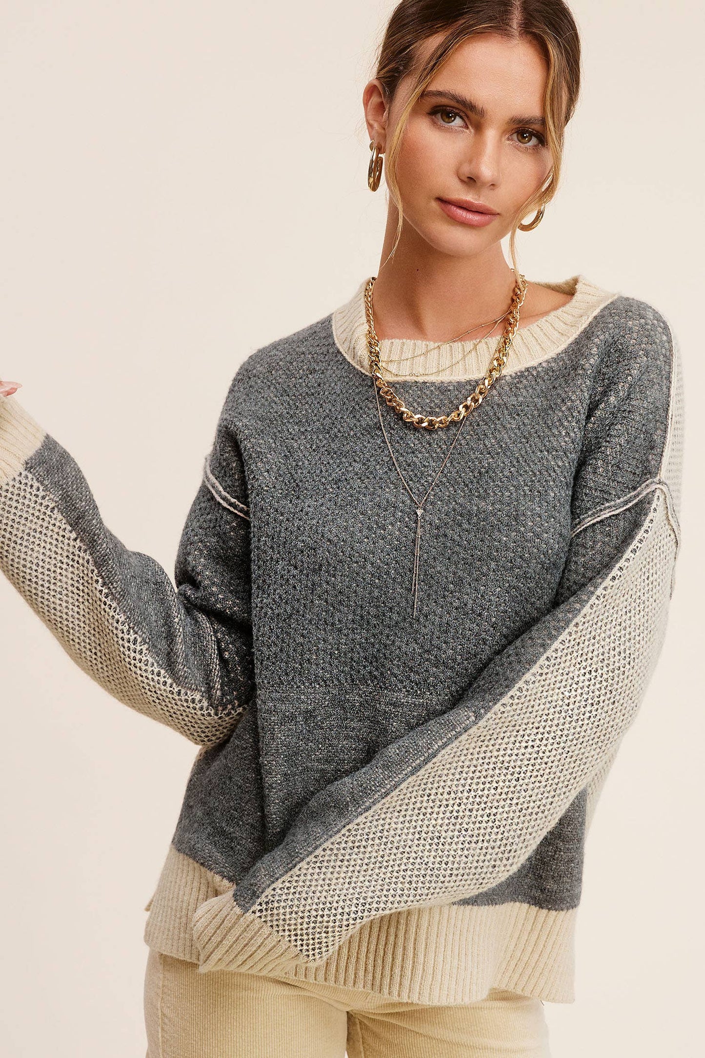 Lora Loose Fit Color Block Textured Sweater