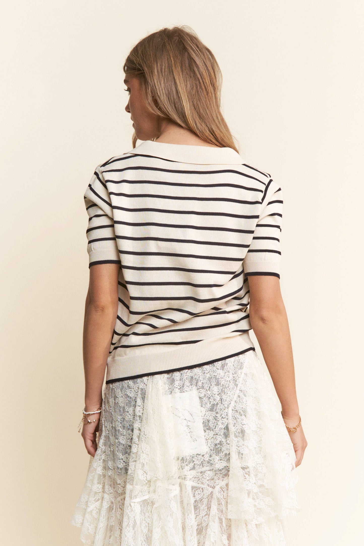 Adessa Ribbed Stripe Short Sleeve V Neck Top