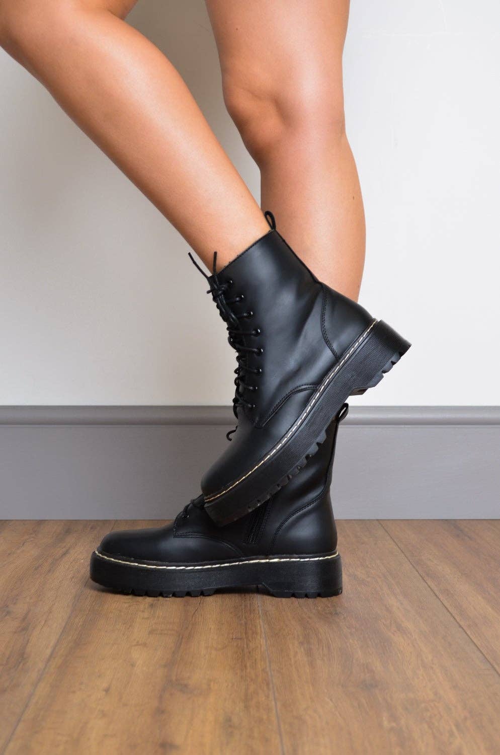 Frankie Black PU Contrast Stitch Chunky Ankle Boots