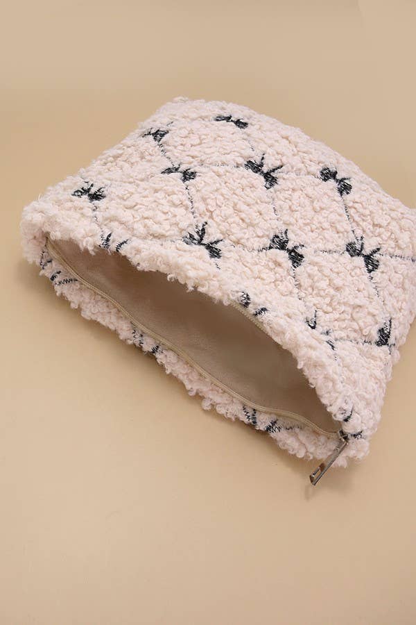 Fuzzy Bow Cosmetic Bag