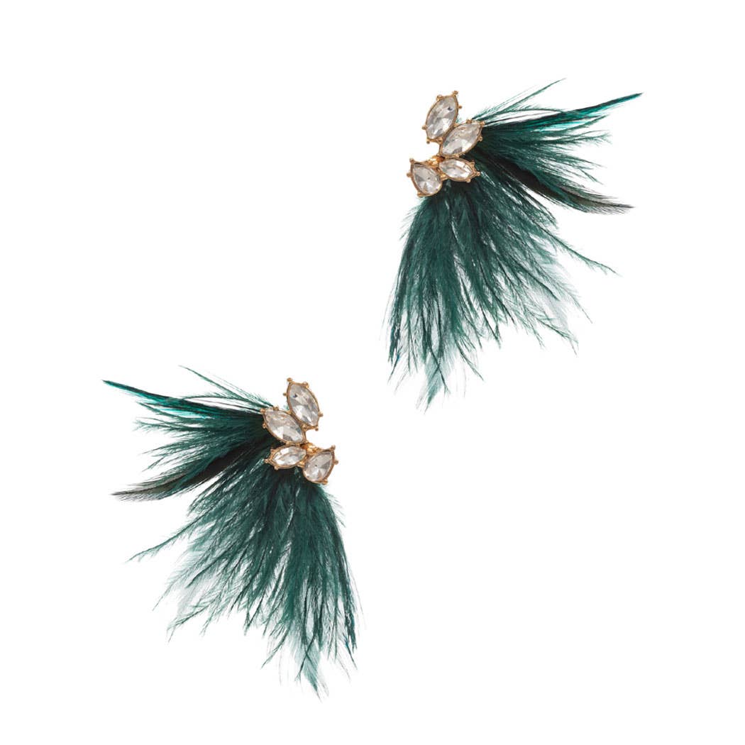 Wing Shaped Feather with Rhinestone Earrings: ONE SIZE / GRN