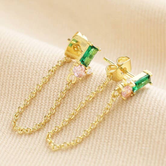 Green and Pink Crystal Chain Stud Earrings