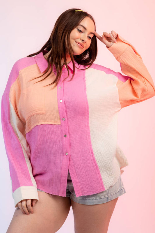 Curvy Color Blocked Button Down Shirt