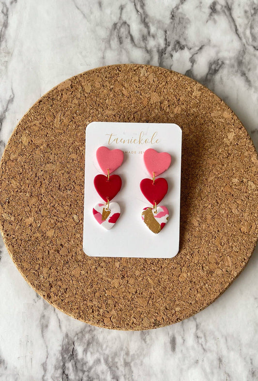 Red, Pink, & Gold Heart Triple | Polymer Clay Earrings | Valentine's Day Earrings